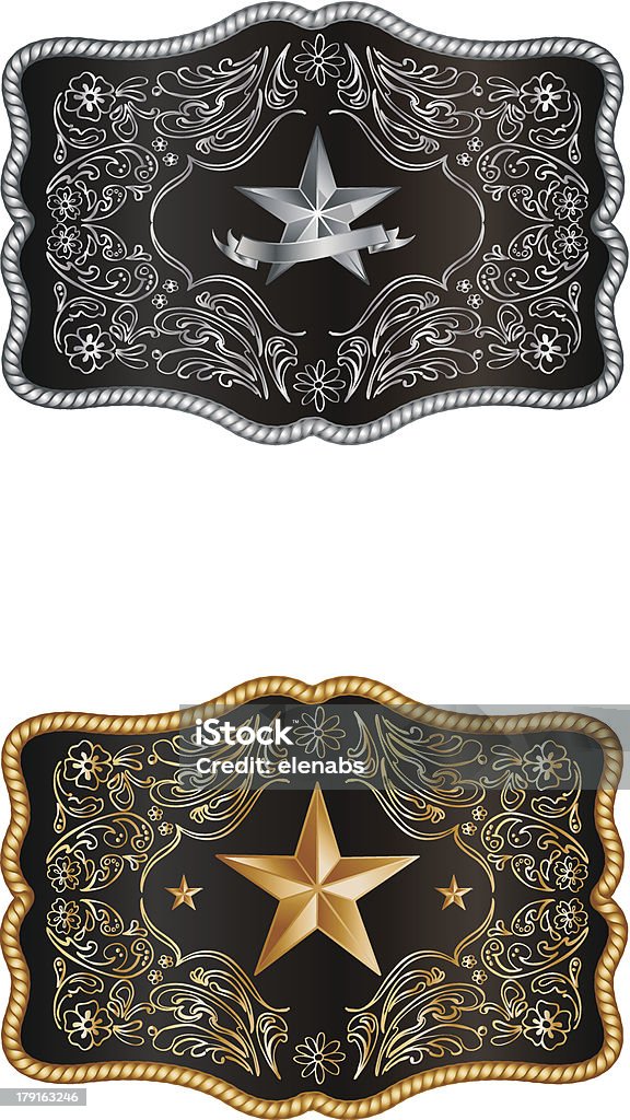 Silver and gold buckles on white A rectangular buckle with the Lone star of Texas, with a detailed hand drawn decoration. Belt stock vector