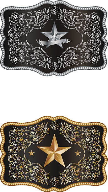 Silver and gold buckles on white A rectangular buckle with the Lone star of Texas, with a detailed hand drawn decoration. cowboy stock illustrations
