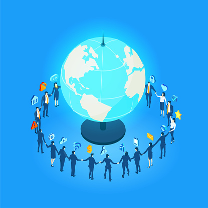 Business people stand around big globe, cooperating, international business concept. Isometric business environment. Infographic illustration