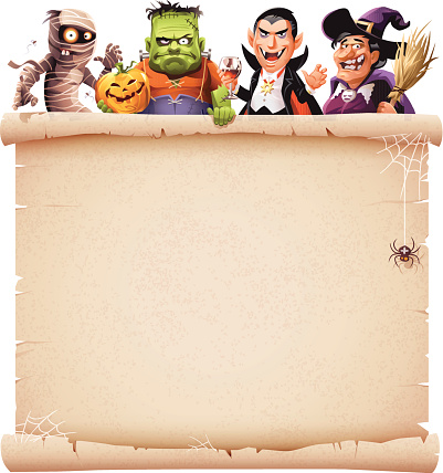 A mummy, Frankenstein's Monster with a pumpkin, Dracula holding a glass of blood and a witch with a broom behind a parchment, isolated on white. Detailed Halloween or horror illustration with space for text. Pumpkin on a seperate layer and can easily be removed. EPS 10 -image contains transparencies, fully editable, grouped and all labeled in layers.