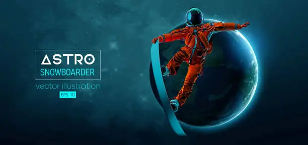 Vector illustration of Abstract silhouette of a snowboarding in space action and Earth, Mars, planets on the background of the space. The snowboarder man doing a trick. Carving. Vector 3d render illustration