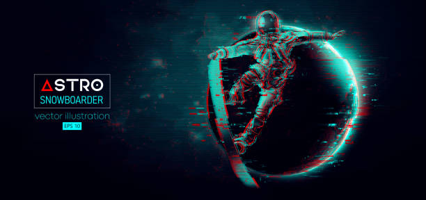 istock Abstract silhouette of a snowboarding in space action and Earth, Mars, planets on the background of the space. The snowboarder man doing a trick. Carving. Vector 3d render illustration 1791638353