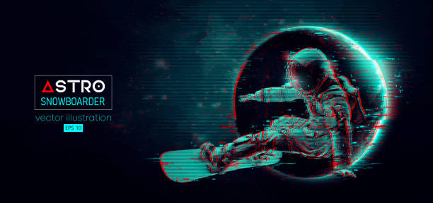 istock Abstract silhouette of a snowboarding in space action and Earth, Mars, planets on the background of the space. The snowboarder man doing a trick. Carving. Vector 3d render illustration 1791638537