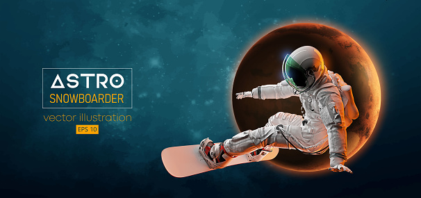 Abstract silhouette of a snowboarding in space action and Earth, Mars, planets on the background of the space. The snowboarder man doing a trick. Carving. Vector 3d render illustration