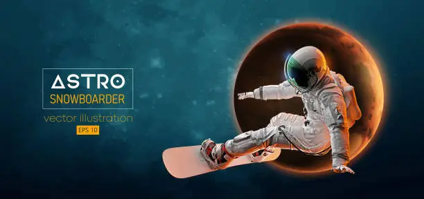 Vector illustration of Abstract silhouette of a snowboarding in space action and Earth, Mars, planets on the background of the space. The snowboarder man doing a trick. Carving. Vector 3d render illustration