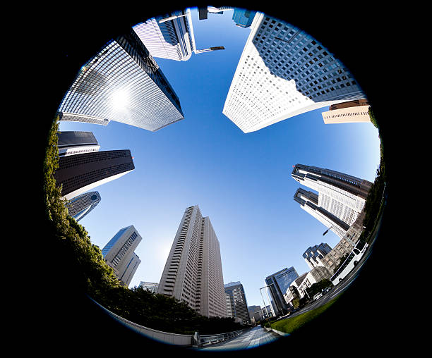 Tokyo Office Buildings wide-angle view of Tokyo office buildings low angle street japan stock pictures, royalty-free photos & images