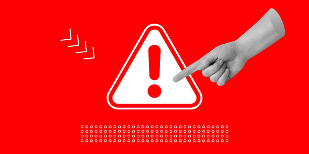 Attention concept. Hand points to a danger warning sign with a red exclamation mark. Minimalist art collage