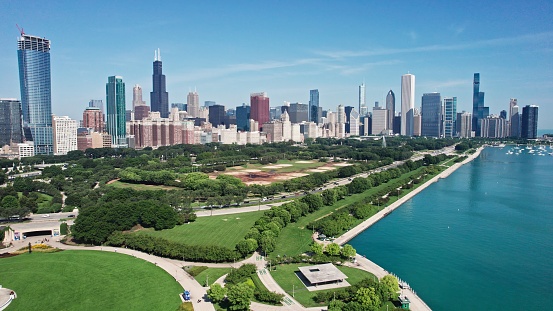 Chicago Skyline aerial view with road by the beach