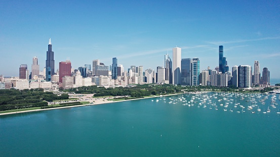 Drone View of Chicago, IL from over Lake Michigan
