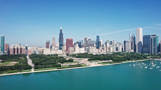 Drone View of Chicago, IL from over Lake