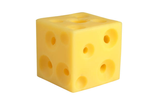 Cheese cube with holes on an isolated white background. Italian cheese
