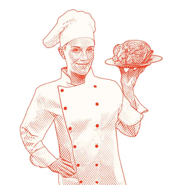 Vector illustration of Female chef holding roasted chicken on a plate