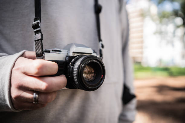 Man's hand holding a photographic camera