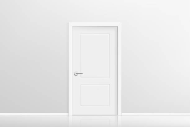 istock Closed door in bright interior with mirror on a floor. Realistic 3d style vector illustration 1791689980