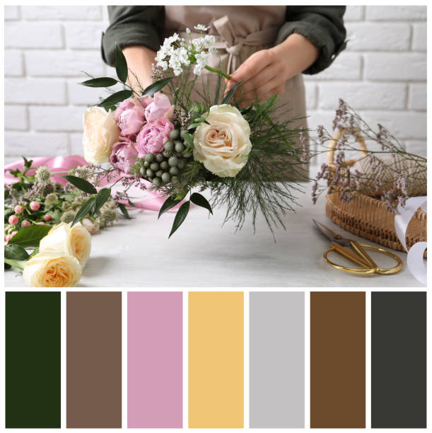 istock Florist making beautiful bouquet at white table and color palette. Collage 1791691092