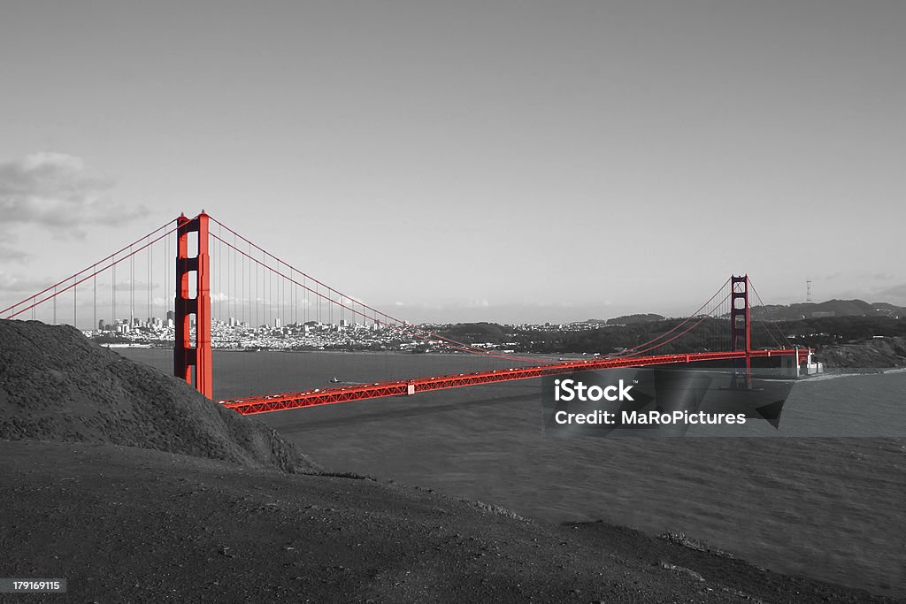 The Golden Gate Red Golden Gate Bridge with San Francisco in background in black and white Architecture Stock Photo