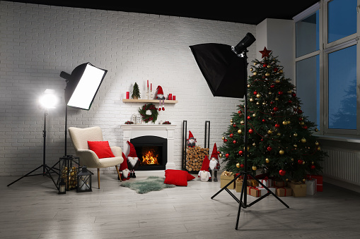 Beautiful Christmas themed photo zone with professional equipment, tree and fireplace in room