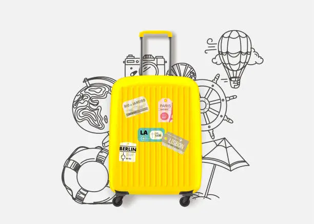 Vector illustration of World travel concept with suitcase and doodle elements. Vector 3d illustration