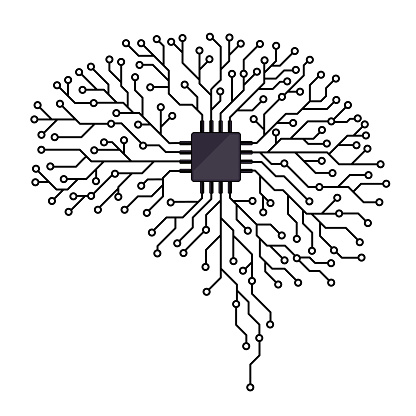 Computer chip and brain shaped electric circuit isolated on white background