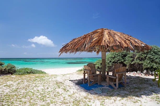 chairs under straw cabana hut at a tropical beach