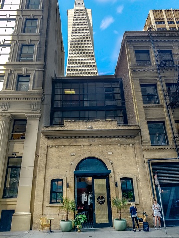 San Francisco, Ukraine – May 11, 2011: An image depicting the entrance of an old Bank of America building, showcasing the steep steps leading up to the entrance