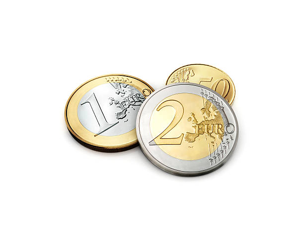 european uno e due euro in valuta monete da 50 centesimi - currency exchange currency euro symbol european union currency foto e immagini stock