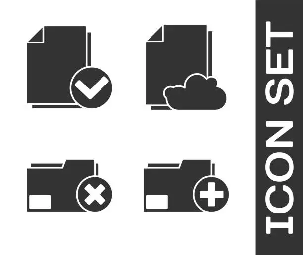 Vector illustration of Set Add new folder, Document and check mark, Delete folder and Cloud storage text document icon. Vector