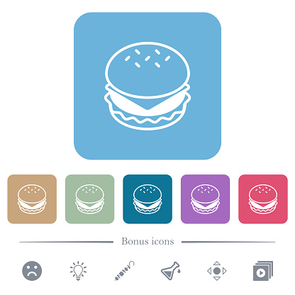 Cheeseburger white flat icons on color rounded square backgrounds. 6 bonus icons included