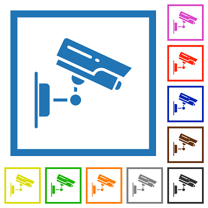 CCTV camera flat color icons in square frames on white background