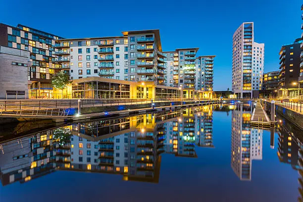 Wide angle view of modern architecture at Clarence Docks in the city of Leeds, England, UK.