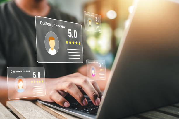 istock Users rate their experience of services in an online application. Customers can evaluate the quality of service. 1791749690