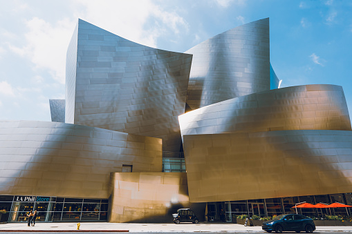 Los Angeles, California, USA - April 25, 2023. The Wall Disney Concert Hall at 111 South Grand Avenue in downtown City of Los Angeles, music center designed by Frank Gehry.