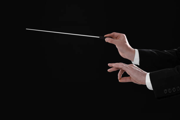 istock Professional conductor with baton on black background, closeup. Space for text 1791760130