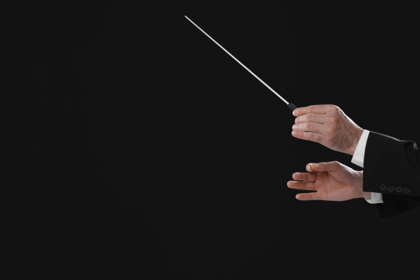 istock Professional conductor with baton on black background, closeup. Space for text 1791760648