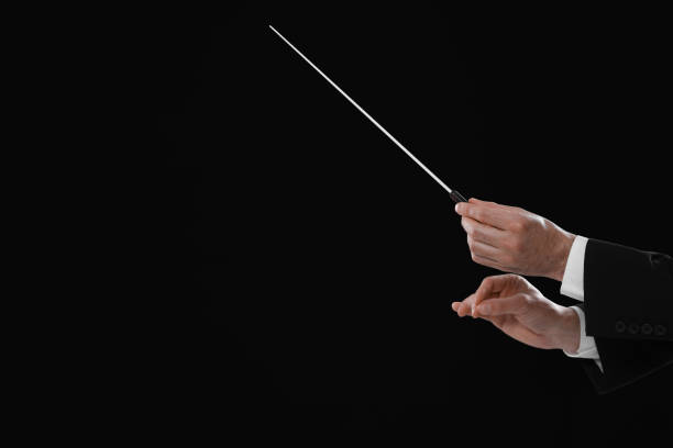 istock Professional conductor with baton on black background, closeup. Space for text 1791760654