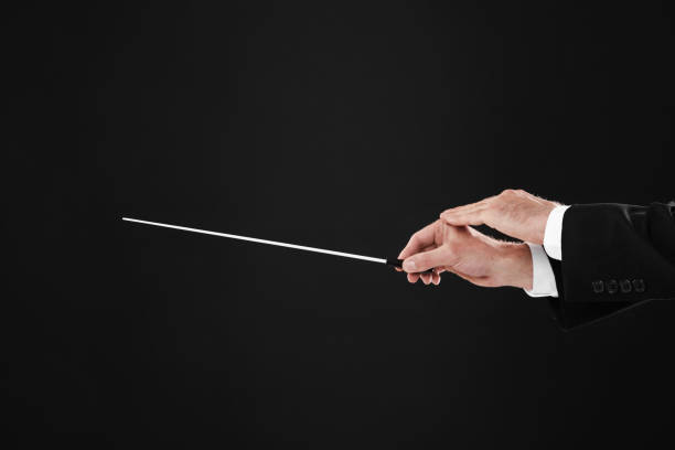 istock Professional conductor with baton on black background, closeup 1791760660