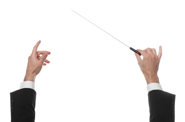 Professional conductor with baton on white background, closeup