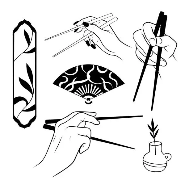 Vector illustration of Vector set of Asian elements. Hand with chopsticks, fan and other illustrations.