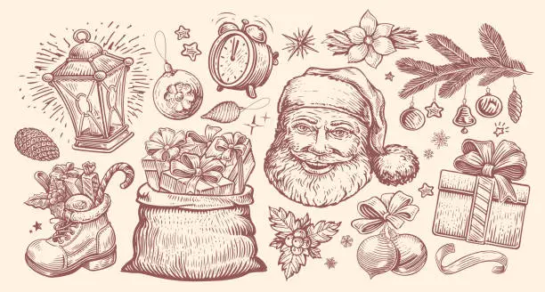 Vector illustration of Christmas concept, sketch style. Hand drawn vintage vector illustration