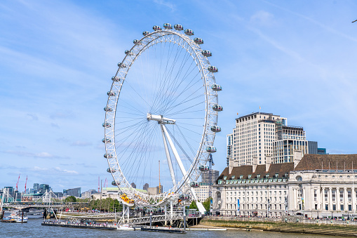 London England - May 29 2023: View of The London Eye Across the River Thames in The United Kingdom