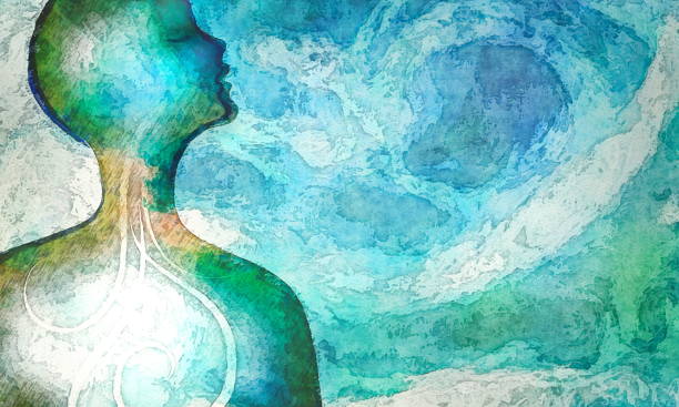 mindfulness relaxation breathing concept with woman breathing in relaxing breath of swirling nature background