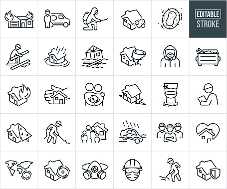 A set of disaster cleanup and restoration services icons that include editable strokes or outlines using the EPS vector file. The icons include a house on fire, disaster restoration specialist standing near his service van, restoration worker dressed in a protective hazmat suit spraying for mold, house with mold, mold spore, restoration specialist picking up debris, house flooding from rain, house flood, tornado hitting house, person dressed in hazmat suit, dumpster full of debris, house being protected, couple holding house in their hands as a symbol of their investment that they wish to be protected, house cracking from earthquake, toilet overflowing and flooding, insurance adjuster, tree falling on house causing damage, restoration worker using equipment to suck up water from flooding, family standing outside house, car being flooded, a team of restoration workers, hurricane hitting house, respirator mask, restoration specialist with hard hat and dust mask and homeowners insurance.