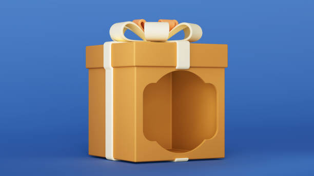 istock 3D render illustration. Empty stand or blank gift box to showcase products. Open orange box with a yellow bow on a blue background. Birthday, Valentine's Day, New Year, Women's Day, Black Friday. 1791798522