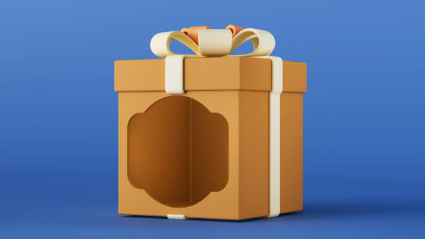 istock 3D render illustration. Empty stand or blank gift box to showcase products. Open orange box with a yellow bow on a blue background. Birthday, Valentine's Day, New Year, Women's Day, Black Friday. 1791798524