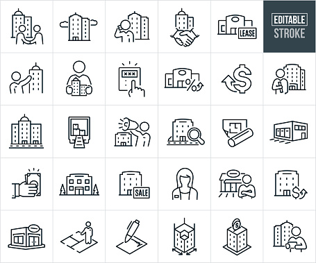 A set of commercial real estate icons that include editable strokes or outlines using the EPS vector file. The icons include two business people shaking hands over a real estate deal, high rise office building, real estate agent talking on phone standing outside a business building, real estate deal with a handshake and high rise building in the background, retail space for lease, real estate agent showing off business building skyscraper, business person holding business buildings in his hands, calculating commercial real estate price using a calculator, rising interest rates on retail office building, rising costs, real estate agent promoting office space by shouting through bullhorn, business district with high rise office buildings, moving truck with boxes, businessman holding blueprints to office building, online search for office space, blueprint with floor-plan, real estate agent with tablet PC standing next to high rise office building to show, business persons hand with cash, office building, office building with sale sign, female real estate agent, business owner standing outside of his retail business, retail office building, commercial real estate lease agreement, cost of office building, and an office door handle with lock.