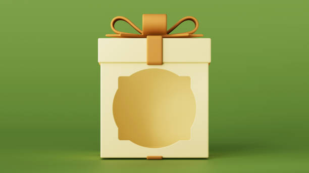 istock 3D render illustration. Empty stand or blank gift box to showcase products. Open yellow box with a orange bow on a green background. Birthday, Valentine's Day, New Year, Women's Day, Black Friday. 1791799040