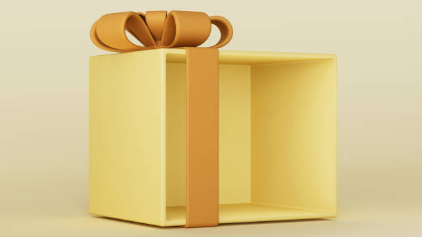 istock 3D render illustration. Display stand or blank gift box to showcase products. Open yellow box with a orange bow on a yellow background. Birthday, Valentine's Day, New Year, Women's Day,Black Friday. 1791799049