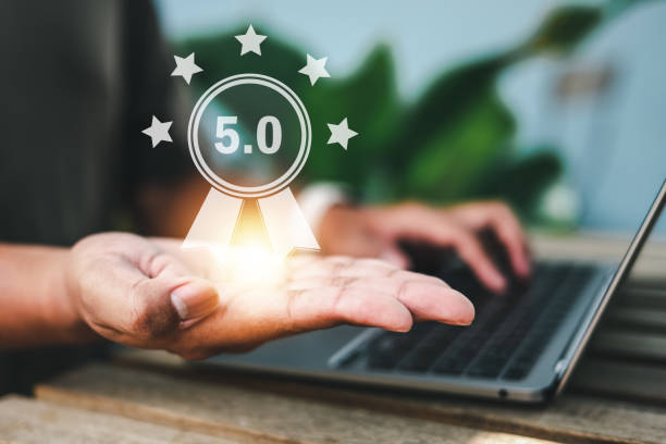 istock Customer review good rating concept. Hand pressing user and five star icon on visual screen for positive customer feedback. 1791801717