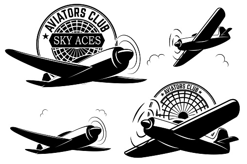 Set of aviators club labels. Planes icons. Avia club emblems. Aeroplane trips. Aviators club sign. Design elements in vector.