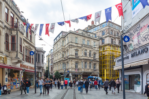 Istanbul, Turkey, 10th of October 2023, Pedestrians at İstiklal Avenue or Independence Avenue(Turkish: İstiklal Caddesi), known as the Grand Avenue of Pera in the historic Beyoğlu (Pera) district,
